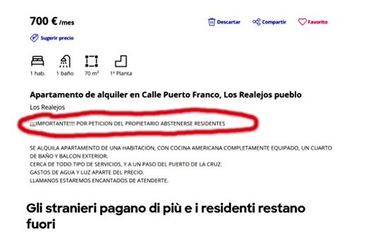 "Tenerife, affitto choc: 'Residenti canari, astenetevi'"